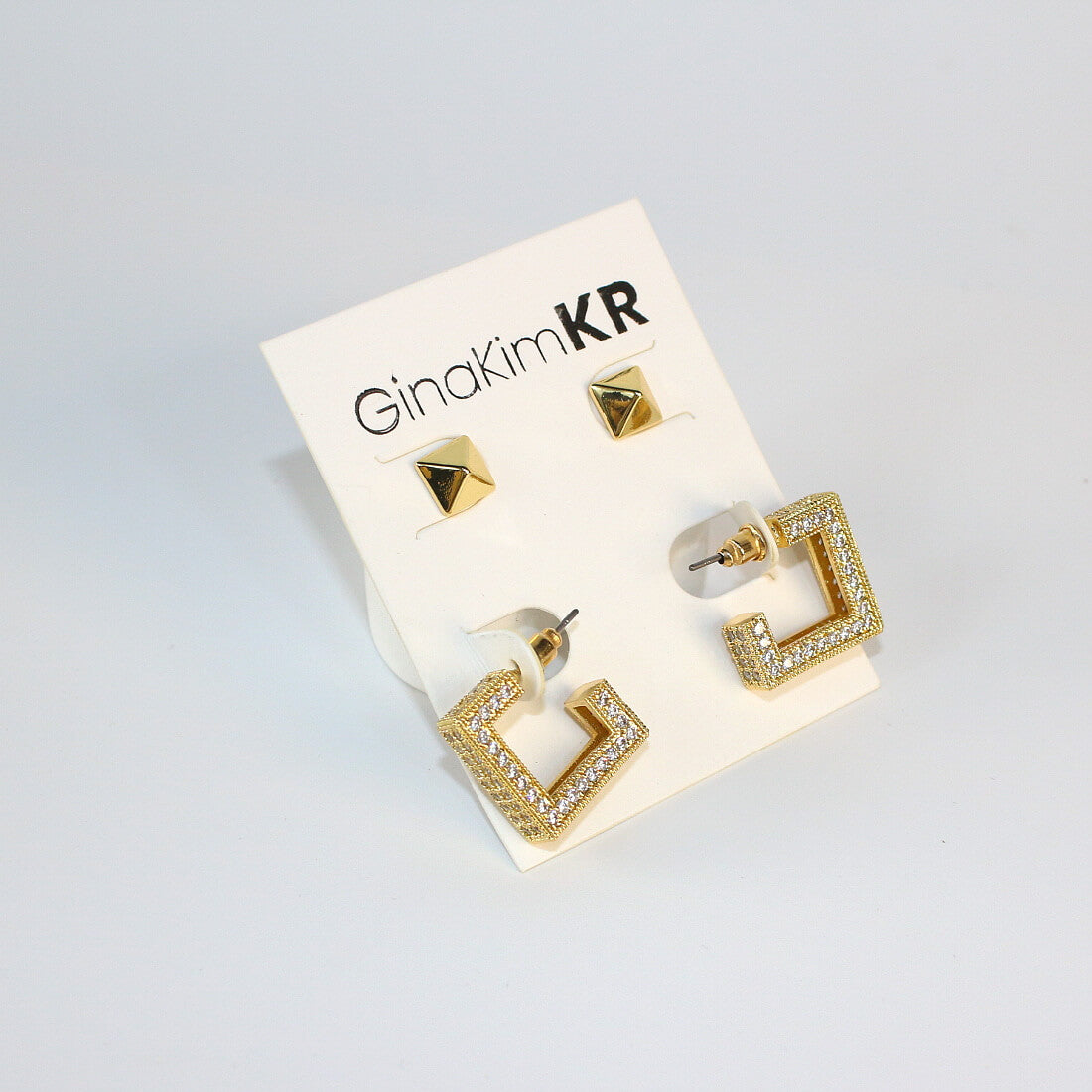 Angled view of Golden Structure Set by GinaKimKR – showcasing both sculptural earrings on card