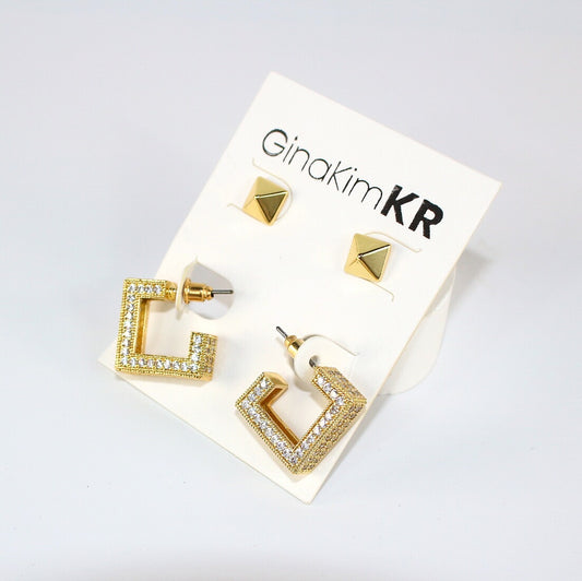 Golden Structure Set by GinaKimKR – Pyramid studs and square CZ earrings displayed on branded card