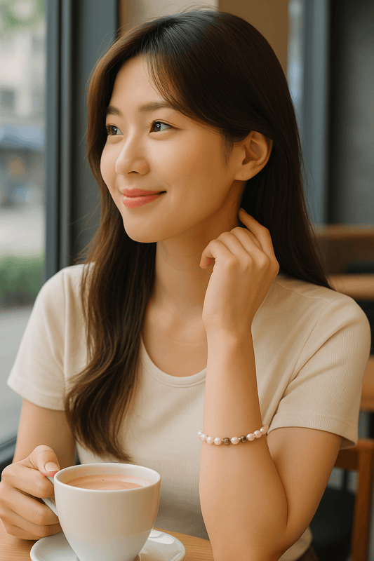 A woman wearing the Harmony Light Bracelet by Gina Kim, featuring freshwater pearls, CZ sparkle, and gold details. Soft, serene, and radiant.
