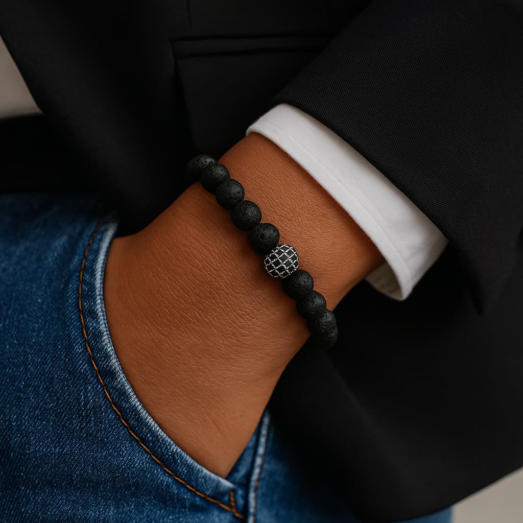 A person wearing the Lava Fortune Bracelet by Gina Kim, featuring matte black lava beads and silver details. Strong, simple, and centered.