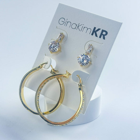 Angled display of Luna Spark Earring Set by GinaKimKR showing elegant hoop and stud earring combination