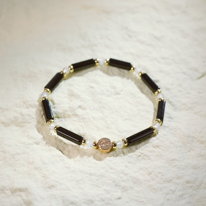Minimalist onyx bar bead bracelet with Crystal CZ ball & GinaKim gold-plated charm, unisex stretch design