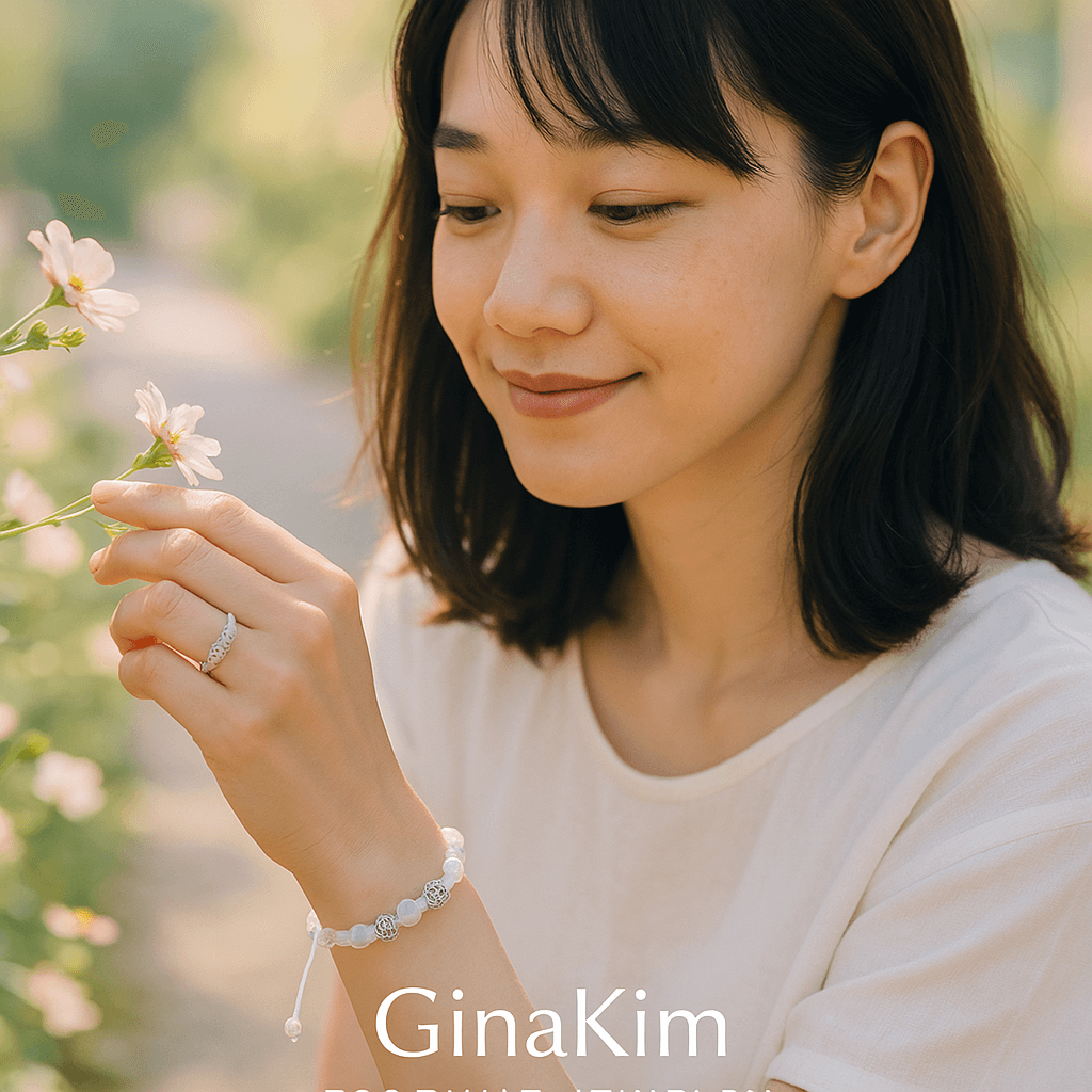 A woman wearing the Moonlit Harmony Bracelet by Gina Kim, showcasing moonstone beads with silver shimmer and an adjustable macramé finish. Gentle and radiant.