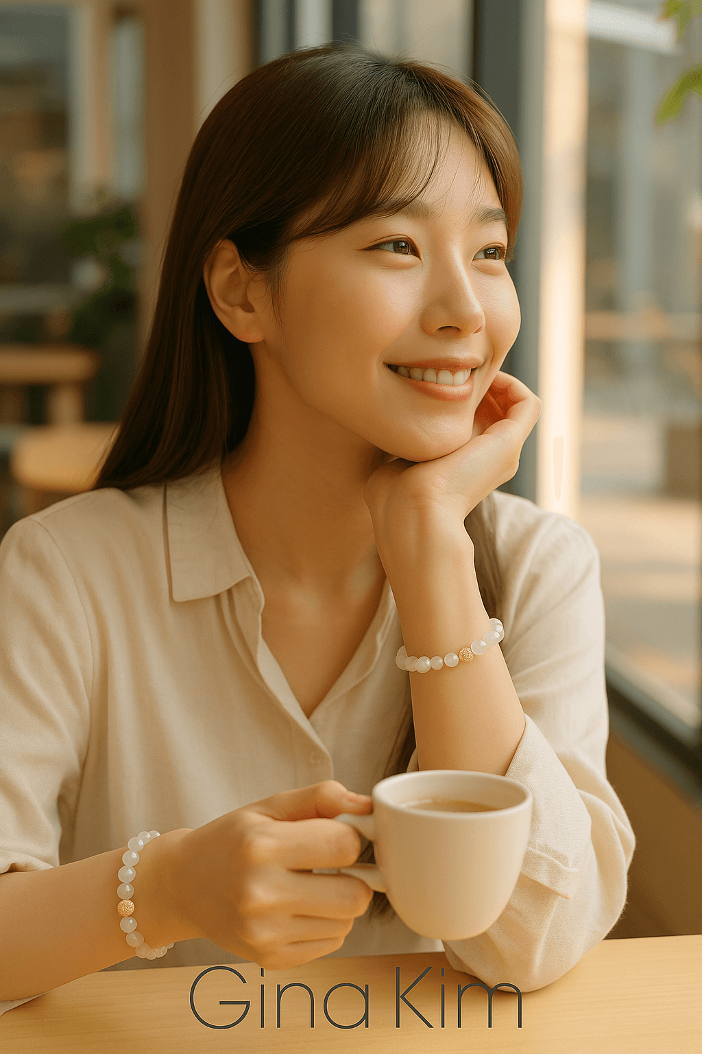 A woman wearing the Moonstone Fortune Bracelet by GinaKimKR, with luminous moonstone beads and subtle gold accents. Calming and radiant.