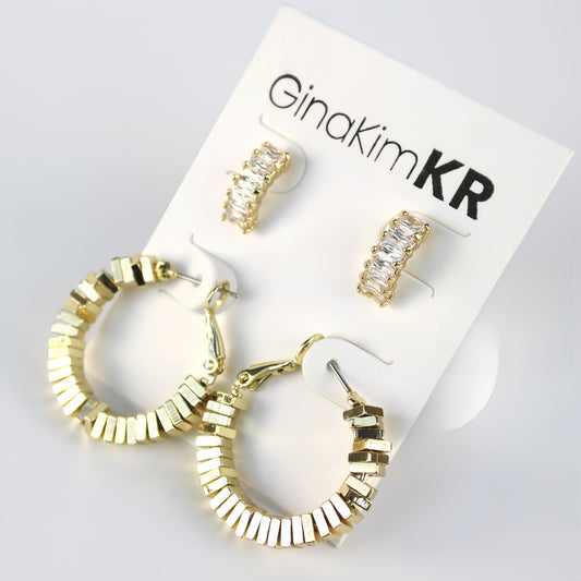 Radiant Duo Earring Set featuring 14K gold plated hoops and CZ rectangle stud earrings by GinaKimKR
