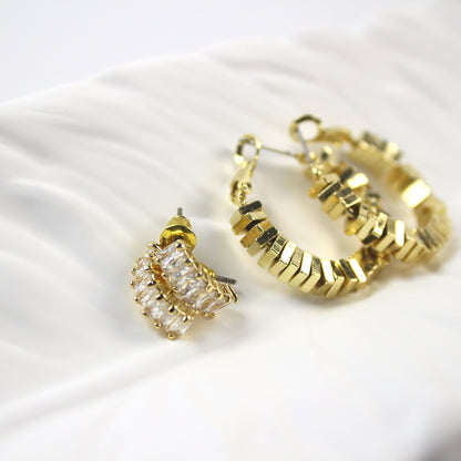 Side view of GinaKimKR Radiant Duo Earrings showing stacked gold hoops and CZ rectangle studs