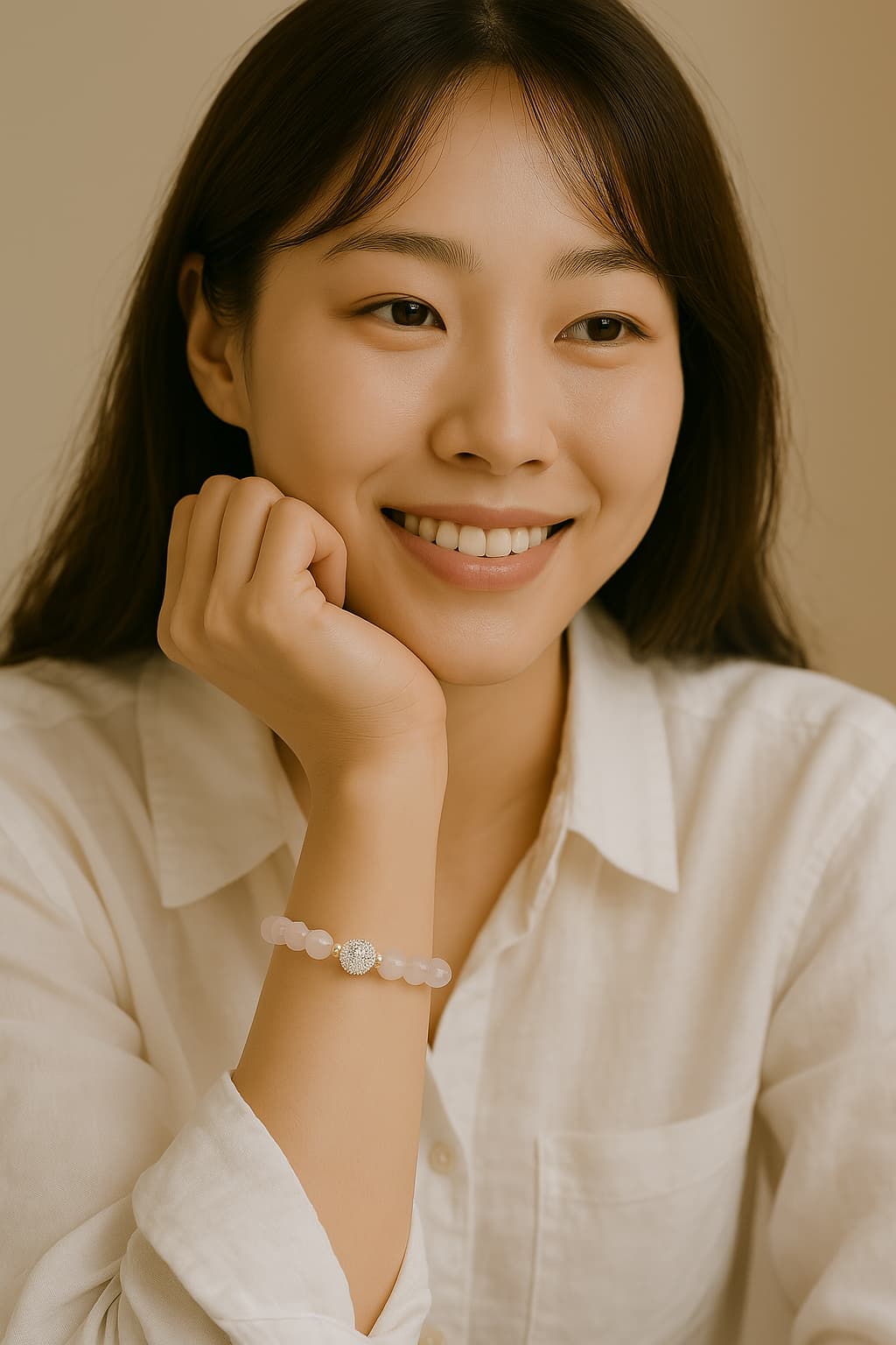 A smiling Korean woman wearing a white blouse rests her chin on her hand, showcasing the Rose Quartz Fortune Bracelet by Gina Kim, featuring soft pink natural stones and a central CZ pavé bead.