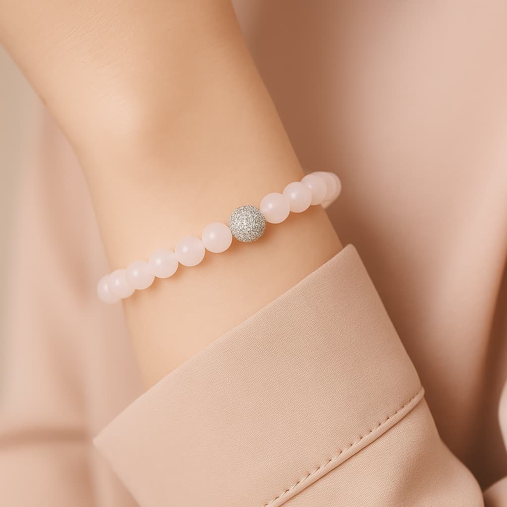 A Woman model wearing A stretch bracelet with soft pink rose quartz beads, gold CZ accent, and Gina Kim logo charm. Delicate and elegant.