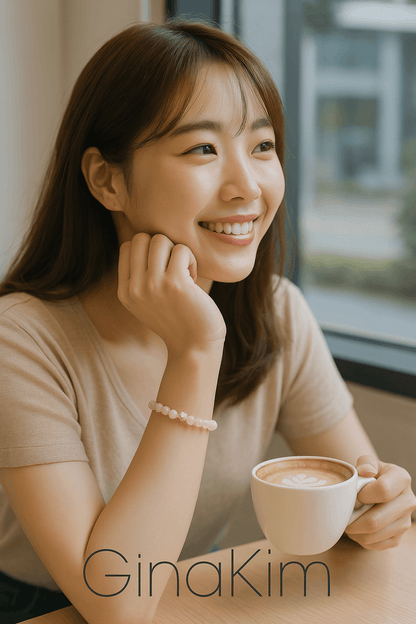 A Korean woman wearing the Rose Quartz Fortune Bracelet by Gina Kim, featuring pale pink rose quartz beads and a gold accent. Romantic and gentle.