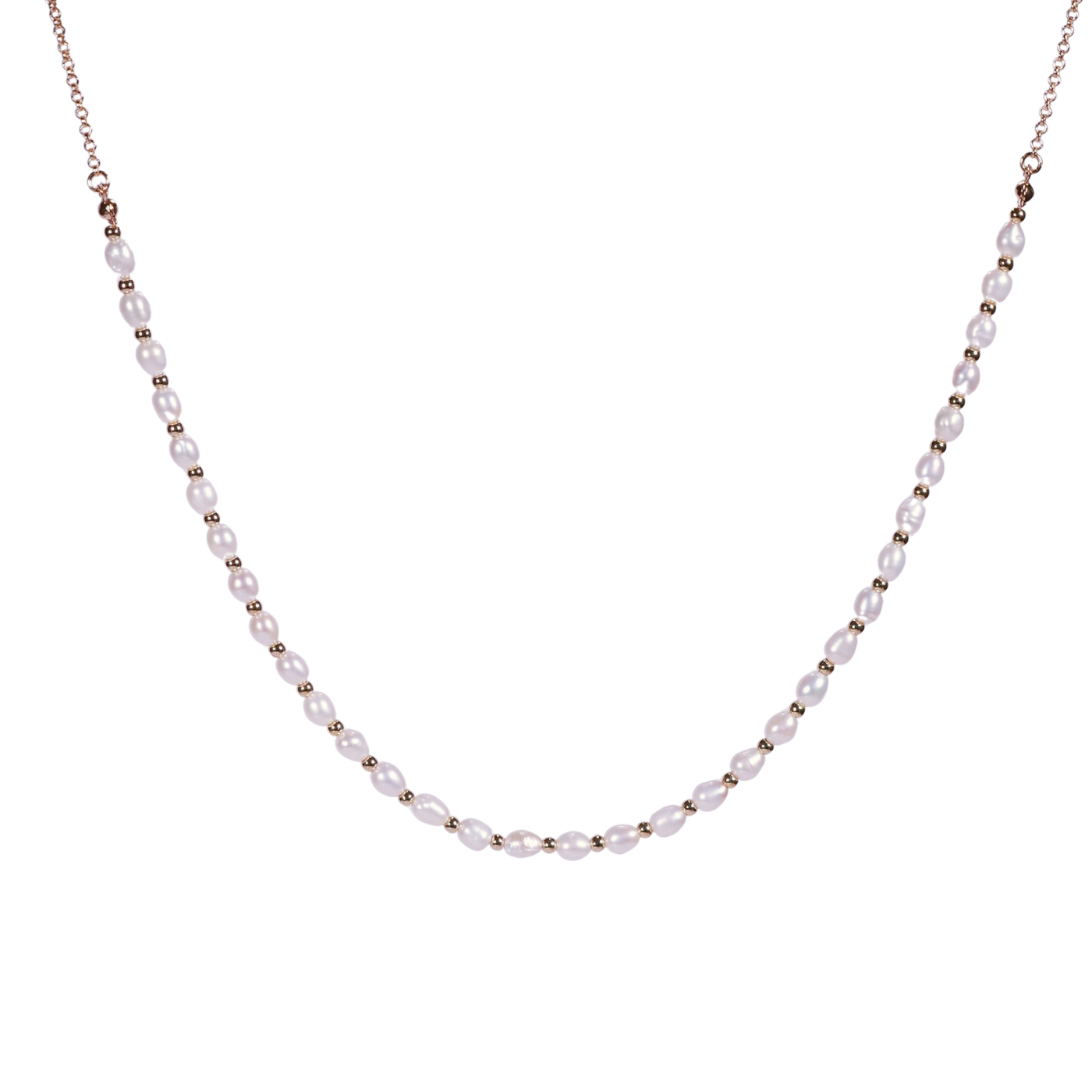 A flat lay photo of the Serenity Pearl Necklace by Gina Kim, featuring natural freshwater pearls and gold-tone accents, styled on ivory satin fabric for a luxurious and elegant look