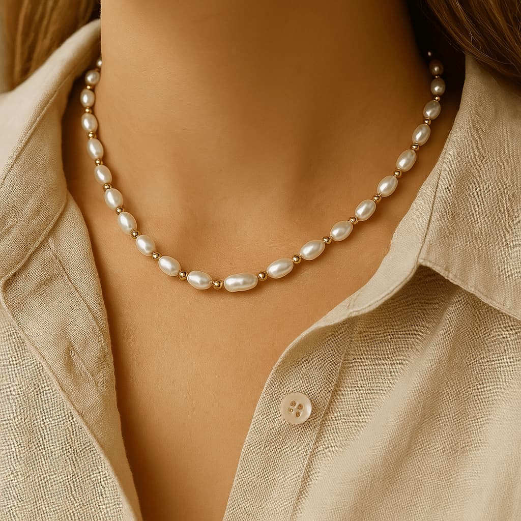 Serenity Pearl Necklace featuring elegant freshwater pearls and gold beads, handmade for a sophisticated, timeless look. The perfect statement piece for any occasion, offering a luxurious touch of elegance with its classic design.