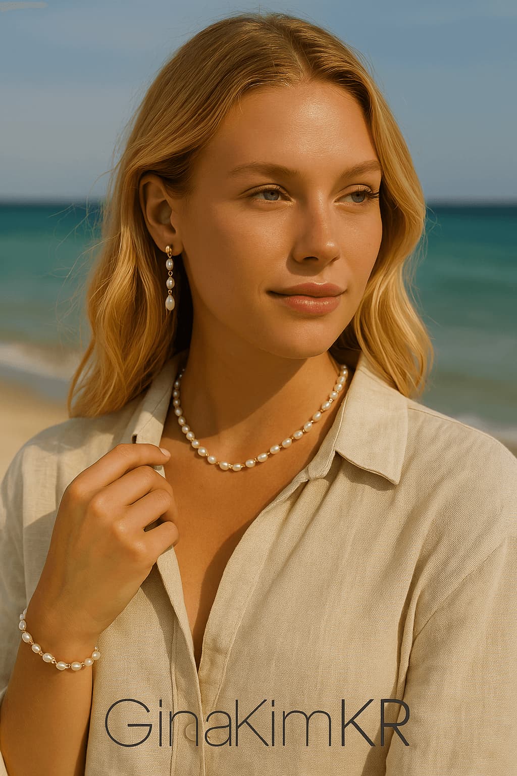 A softly lit image of a woman wearing the Serenity Pearl Necklace in natural daylight. The pearls reflect warmth and grace, complementing her relaxed, minimalist fashion style
