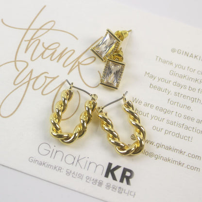 Duo earring set featuring crystal window CZ studs and twisted rope hoop earrings on GinaKimKR thank you card