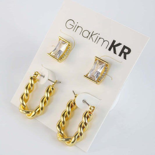 Tangled Gleam Earring Set by GinaKimKR with crystal window stud earrings and twisted gold rope hoop earrings, 14K gold plated