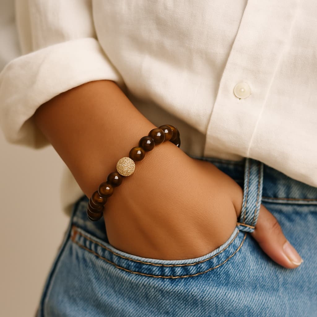 A person wearing the Tiger’s Eye Fortune Bracelet by Gina Kim, featuring shimmering golden-brown stones and gold accents. Strong and stylish.