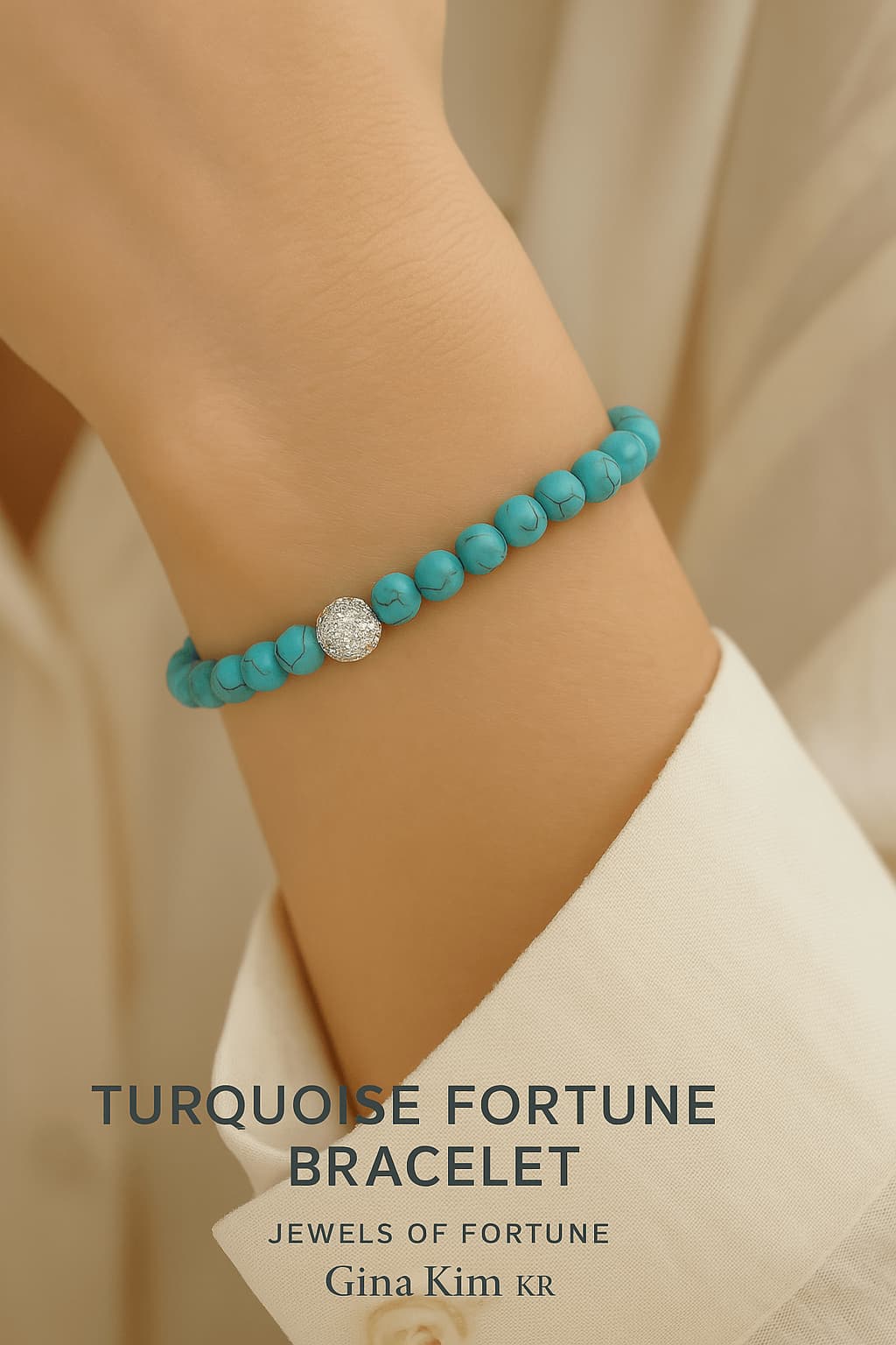 Close-up of a woman’s wrist wearing the Turquoise Fortune Bracelet by GinaKimKR. The soothing blue beads and gold accent radiate calm energy.