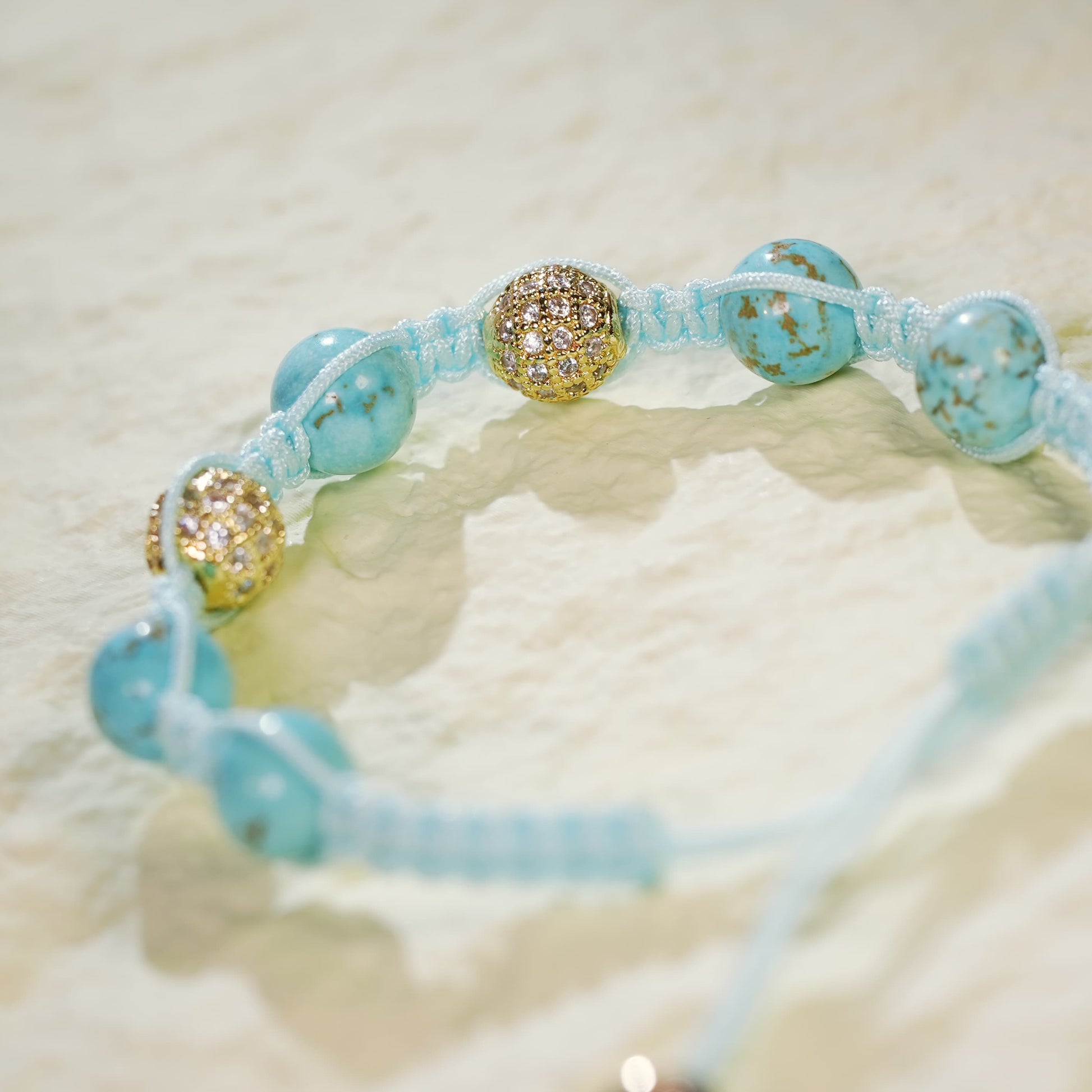 Turquoise macramé bracelet with CZ gold beads, Korean handmade jewelry for women, boho summer style adjustable accessory