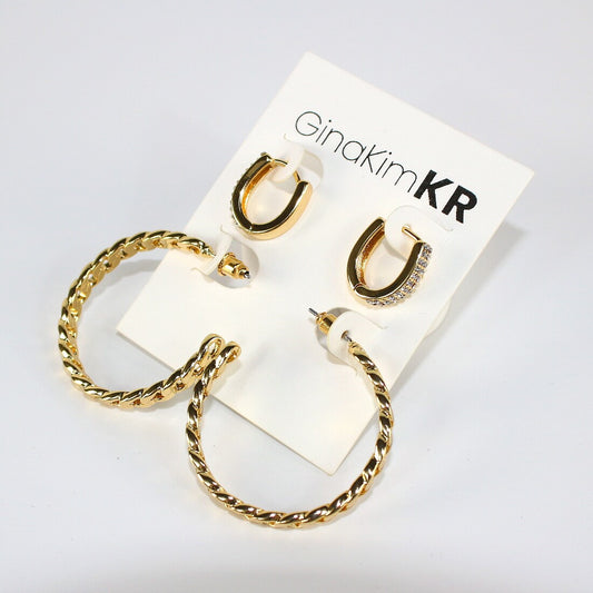 Urban Gleam Duo earring set by GinaKimKR – gold chain hoop and crystal CZ huggie displayed on branded card